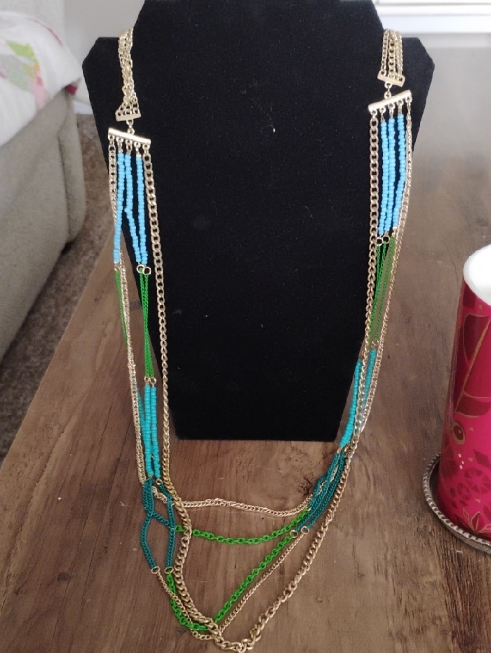 Gold Multi-Strand Beaded Necklace with Blue and Green Accents